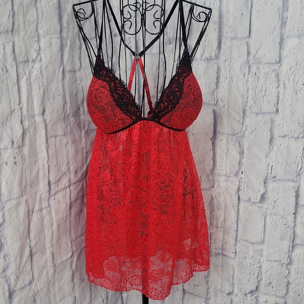 Secret Treasures‎ Red Black Lace Babydoll Lingerie Chemise Sheer L/12-14